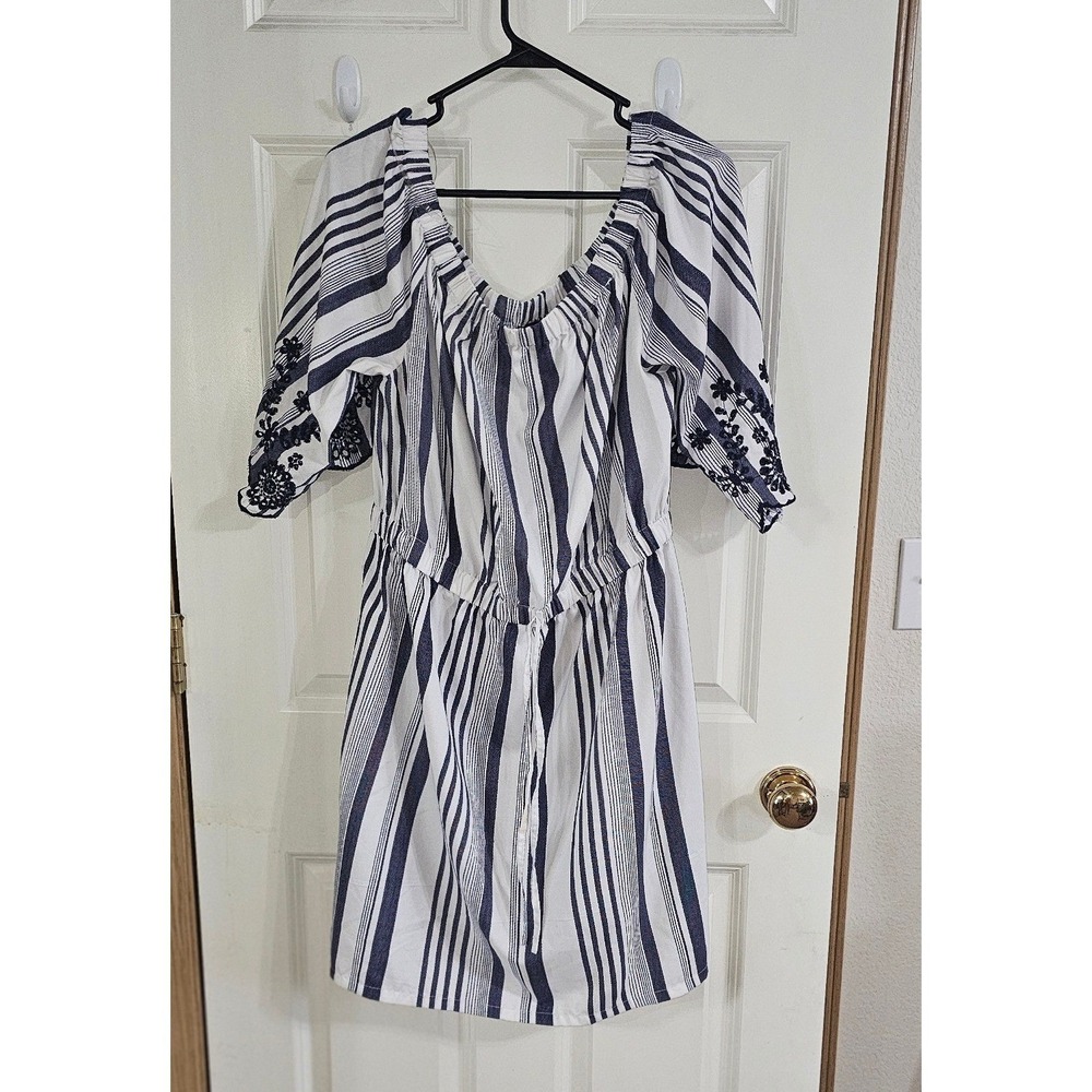 Style House Women Blue White Striped Off Shoulder Embroidered Mini Dress Medium